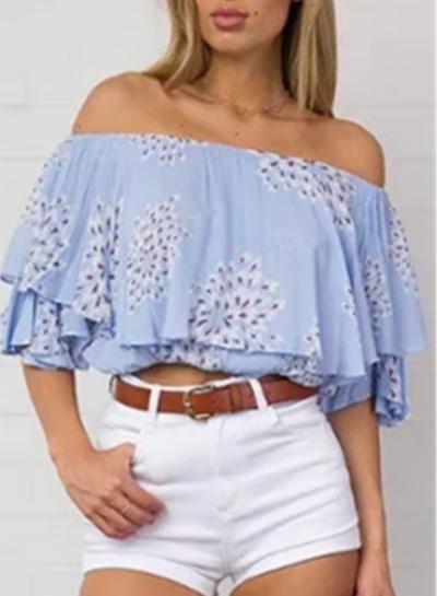 Oasap Floral Off Shoulder Short Sleeve Ruffle Crop Blouse