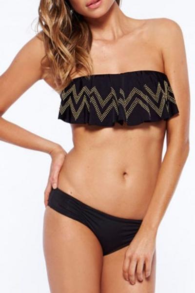 Oasap Black Ruffled Bandeau Top Bikini