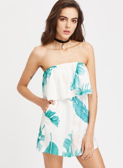 Oasap Strapless Ruffle Palm Leaf Printed Romper