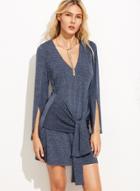 Oasap Deep V Neck Slit Long Sleeve Tie Waist Mini Dress