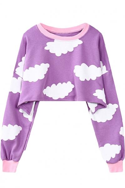 Oasap White Cloud Printing Crop Top Sweatshirt