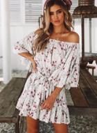 Oasap Fashion Casual Floral Printed Flare Sleeve Slash Neck Women Mini Dress