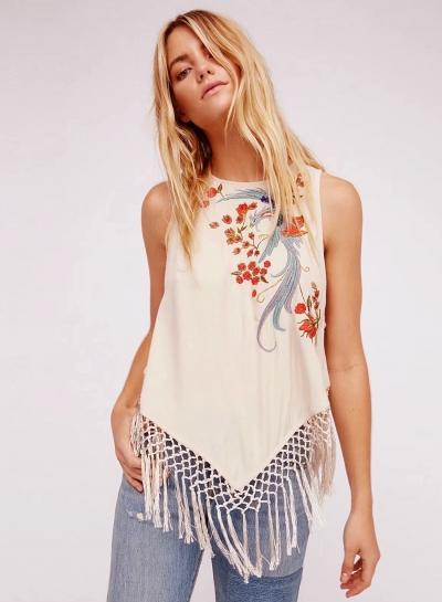 Oasap Fashion Floral Embroidery Tassel Hem Tank