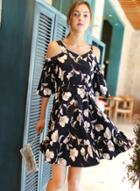 Oasap Off Shoulder Short Sleeve Floral Printed Fashion Dress
