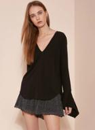 Oasap Deep V Neck Flare Sleeve Solid Color Pullover Blouse