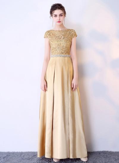 Oasap Elegant Round Neck Cap Sleeve High Waist Evening Dress