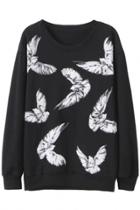 Oasap Black Flying Bird Pattern French Terry Sweatshirt