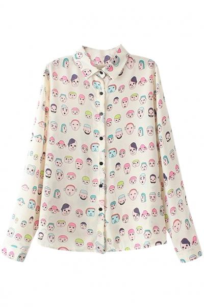 Oasap Little Faces Print Chiffon Button Down Shirt