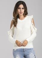 Oasap Round Neck Off Shoulder Long Sleeve Solid Color Sweater