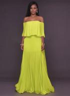 Oasap Off Shoulder Ruffle Maxi Evening Pleated Dress