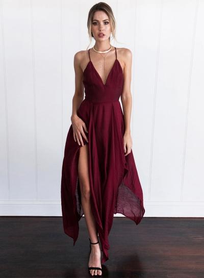Oasap Spaghetti Strap Sleeveless Asymmetric Maxi Dress
