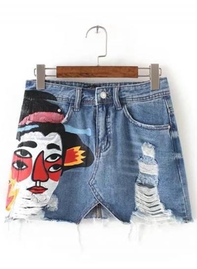 Oasap Cartoon Printed Ripped Denim Mini Skirt