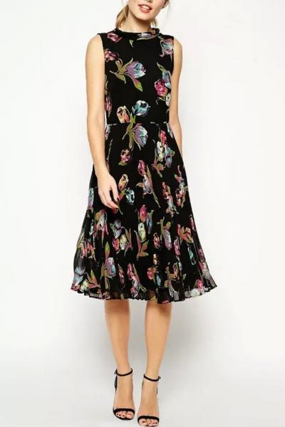 Oasap Floral Print Pleated Midi Dress