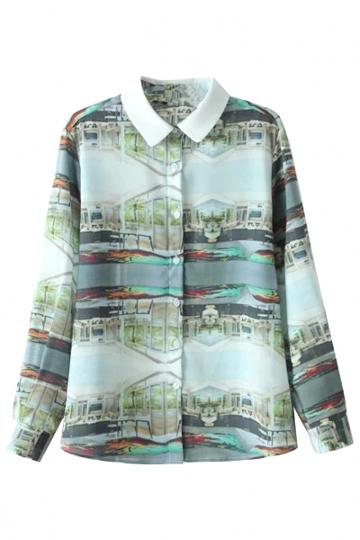 Oasap Premium Village Print Chiffon Button Down Shirt
