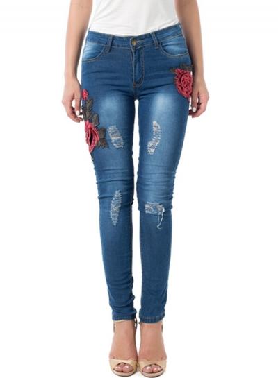 Oasap Folral Embroidery Broken Hole Denim Pants