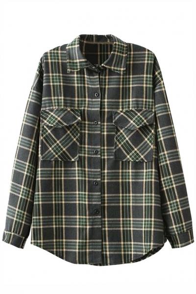 Oasap Classic Tartan Plaid Green Button Down Blouse