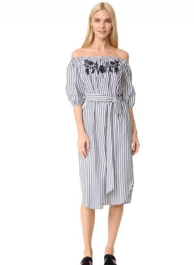 Oasap Slash Neck Floral Embroidery Striped Midi Dress