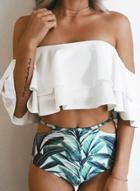 Oasap Slash Neck Flounece Hem Two Piece Swimwear
