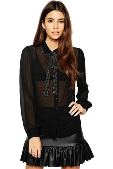 Oasap Black Semi-sheer Button Down Chiffon Blouse With Bow