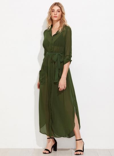 Oasap Long Sleeve Maxi Shirt Dress With Belt
