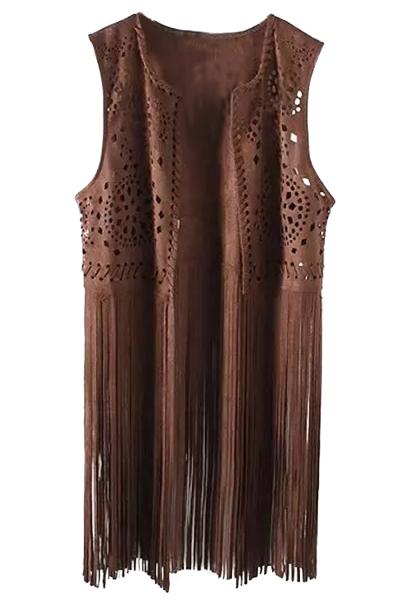 Oasap Women's Faux Suede Tassel Hem Open Front Vest