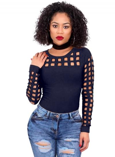 Oasap Round Neck Cut Out Long Sleeve Tee Shirt