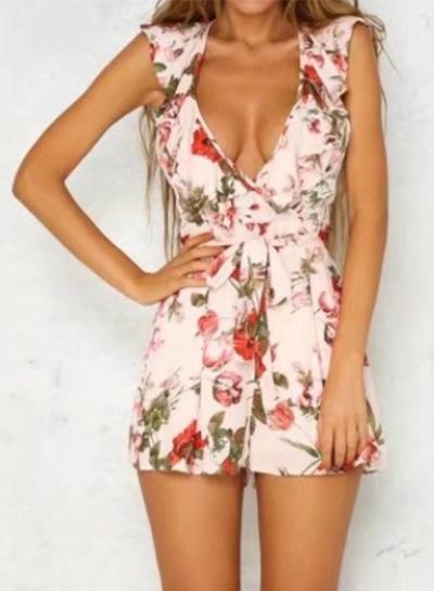 Oasap Floral Deep V Neck Ruffle Sleeveless Romper