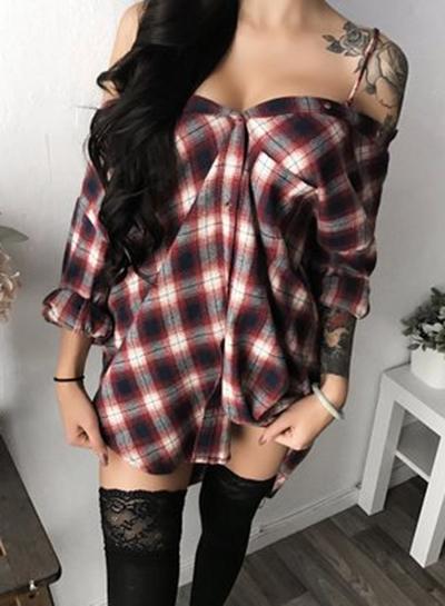 Oasap Spaghetti Strap Plaid Buttons Mini Dress