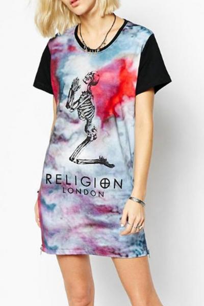 Oasap Casual Graphic Black Mini Shift Dress