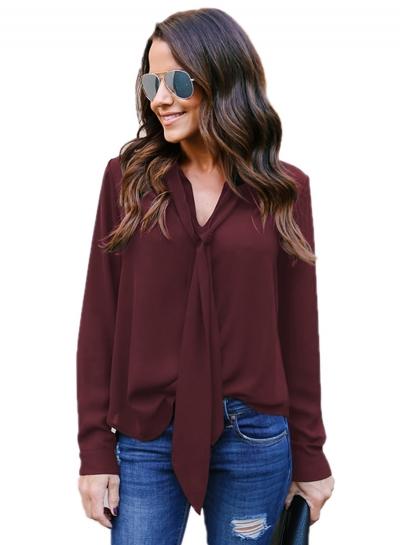 Oasap Tie Neck Long Sleeve Loose Blouse