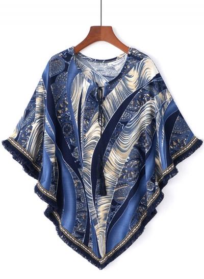 Oasap Round Neck Drawstring Tassels Decoration Cloak Coat