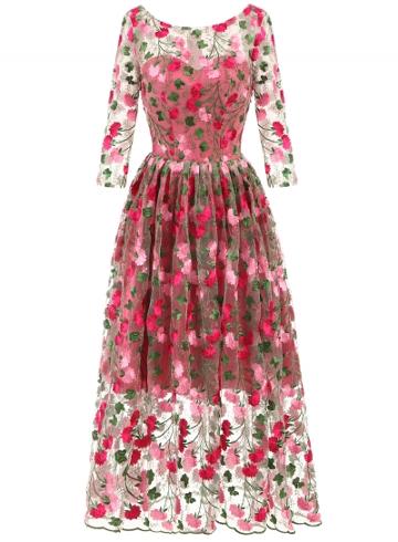 Oasap Elegant Long Sleeve Floral Embroidery Maxi Evening Dress