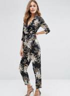 Oasap V Neck 3/4 Sleeve Floral Printed Jumpsuit With Belt