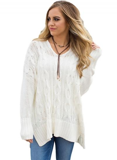 Oasap V Neck Long Sleeve Loose Slit Knit Sweater