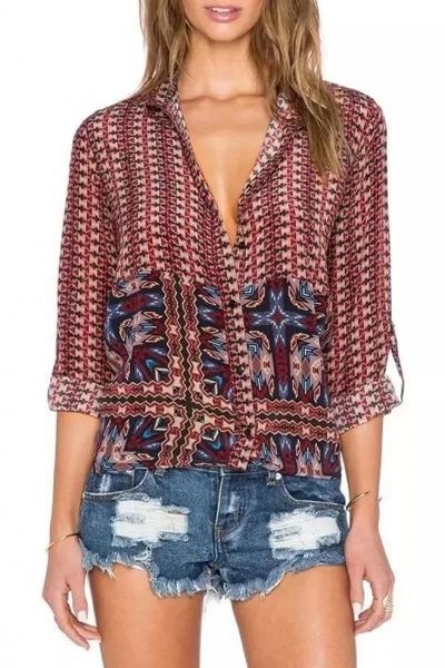 Oasap Baroque Print Stand Collar High Low Button Down Shirt
