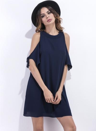 Oasap Off Shoulder Tie Cuff Short Sleeve Solid Dress