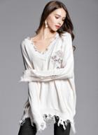 Oasap Fashion V Neck Loose Fit Ripped Floral Embroidery Sweater