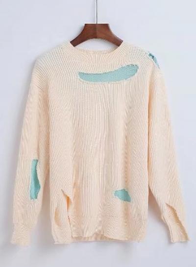 Oasap Color Block Patch Round Neck Long Sleeve Knit Sweater
