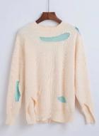 Oasap Color Block Patch Round Neck Long Sleeve Knit Sweater