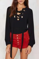 Oasap Black Eyelet Lace-up Long Sleeve High Low Blouse
