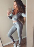 Oasap Fashion 2 Piece Long Sleeve Hooded Crop Top Sports Set