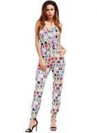 Oasap Spaghetti Strap Sleeveless Print Drawstring Pockets Jumpsuit