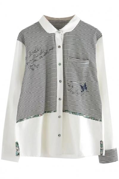 Oasap Sweet Embroidered Stripe Paneled Shirt