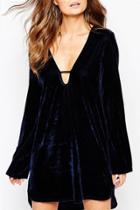 Oasap High Low Cut-out Neck Velvet Long Sleeve Dress