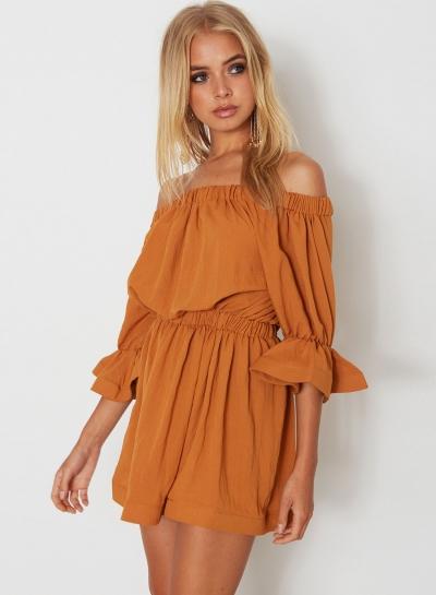 Oasap Slash Neck Flare Sleeve Solid Color Mini Dress