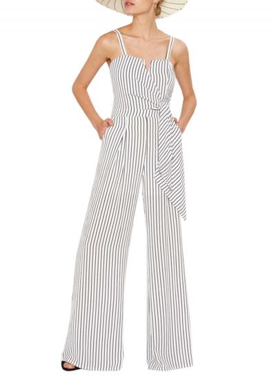 Oasap Women's Spaghetti Strap Tie Waist Vertical Stripe Long Jumpsuit