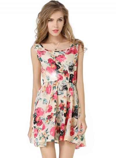 Oasap Casual Round Neck Sleeveless Floral Print Mini Dress