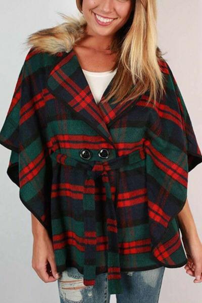 Oasap Chic Tartan Plaid Fur Collar Belted Coat