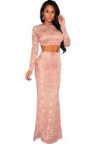 Oasap Apricot Lace Open Back Long Sleeves Maxi Skirt Set
