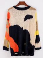 Oasap Round Neck Broken Hole Color Block Sweaters